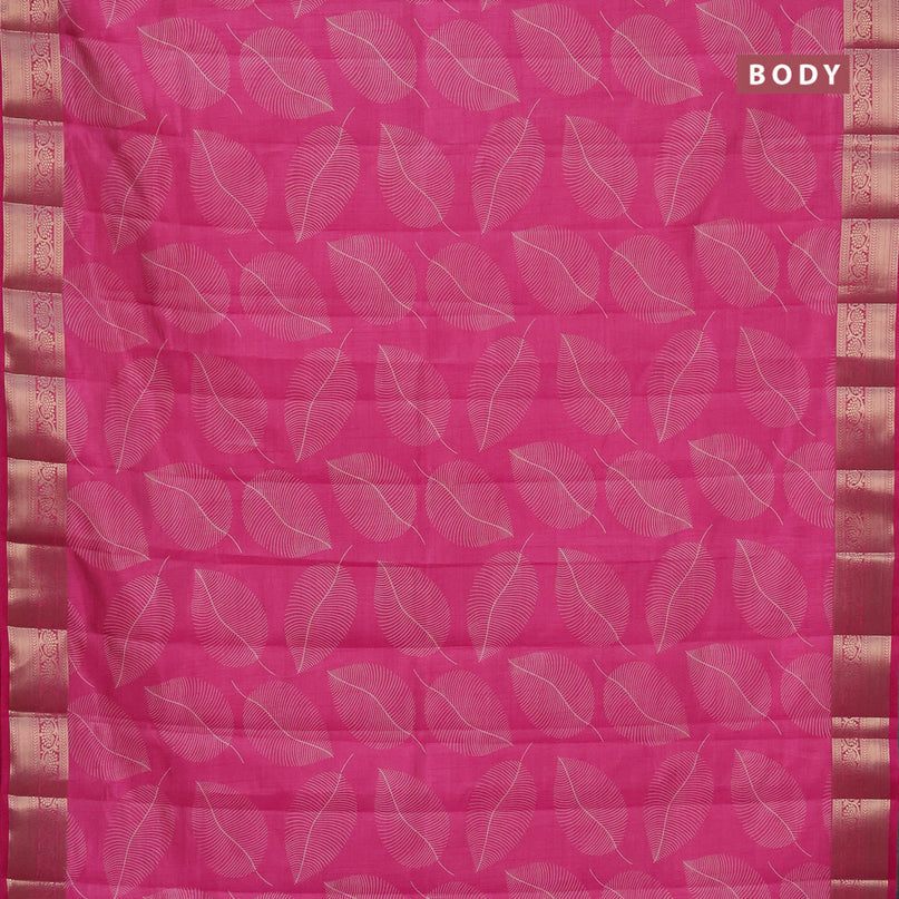 Semi raw silk saree pink with allover leaf prints and zari woven border