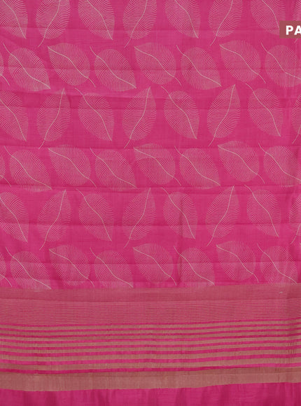 Semi raw silk saree pink with allover leaf prints and zari woven border