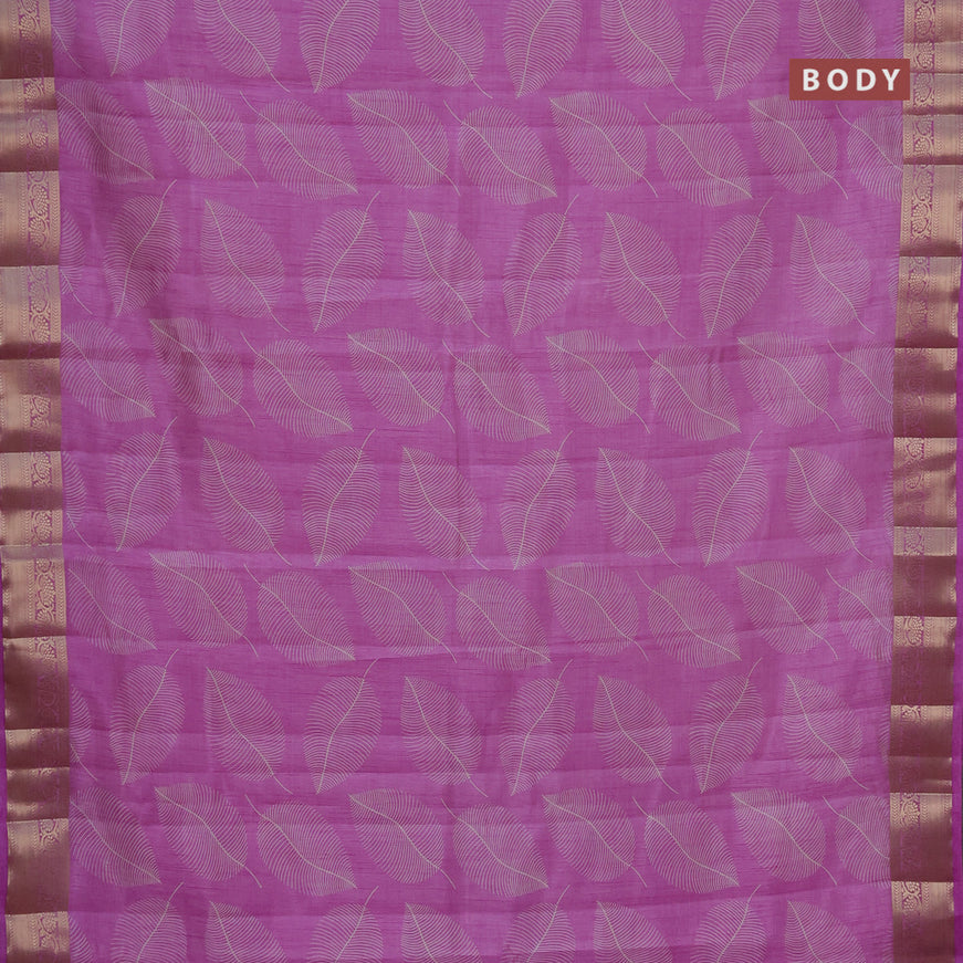 Semi raw silk saree lavender with allover leaf prints and zari woven border