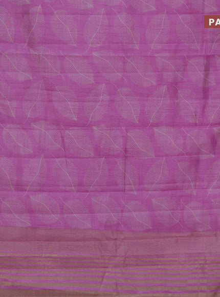 Semi raw silk saree lavender with allover leaf prints and zari woven border