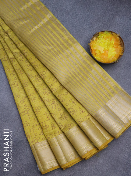 Semi raw silk saree mustard yellow with allover geometric prints and zari woven border