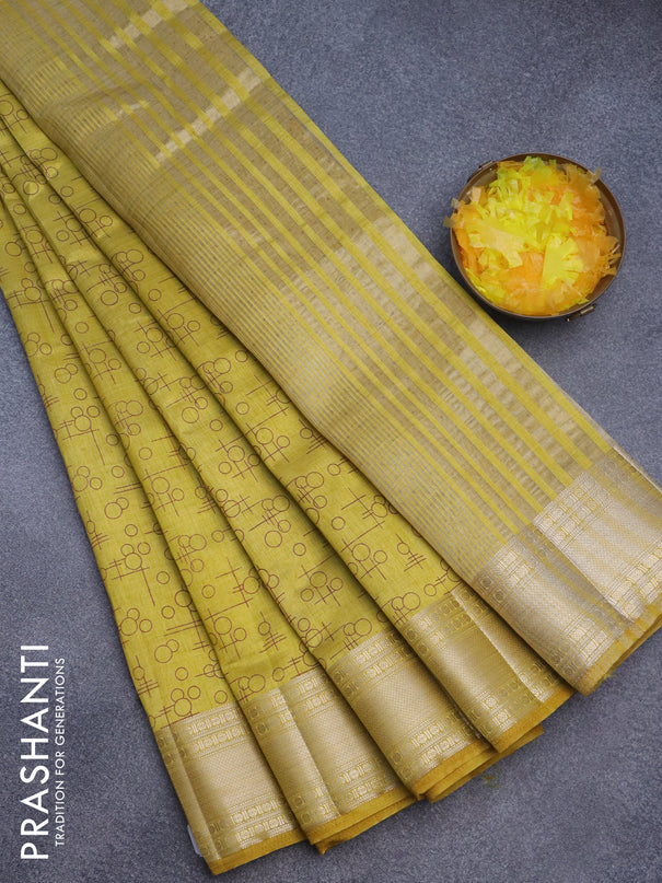 Semi raw silk saree mustard yellow with allover geometric prints and zari woven border