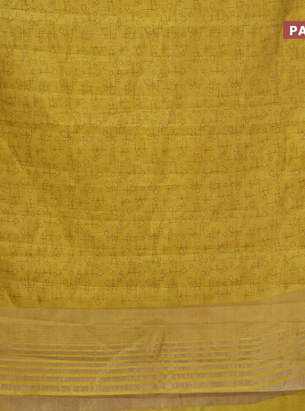 Semi raw silk saree mustard yellow with allover geometric prints and zari woven border