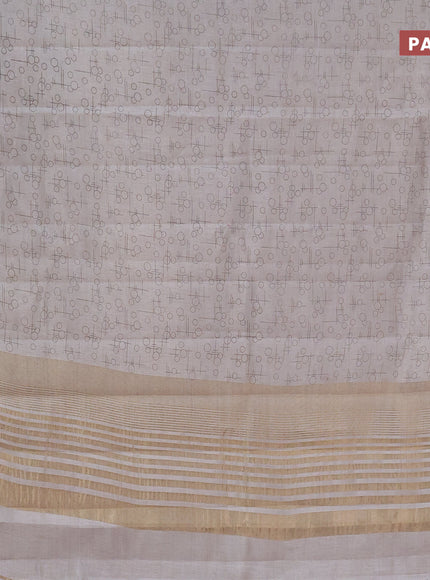 Semi raw silk saree pastel grey with allover geometric prints and zari woven border