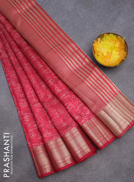 Semi raw silk saree pink with allover geometric prints and zari woven border