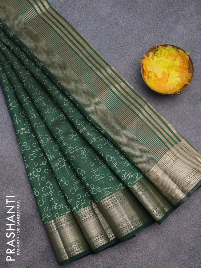 Semi raw silk saree green with allover geometric prints and zari woven border