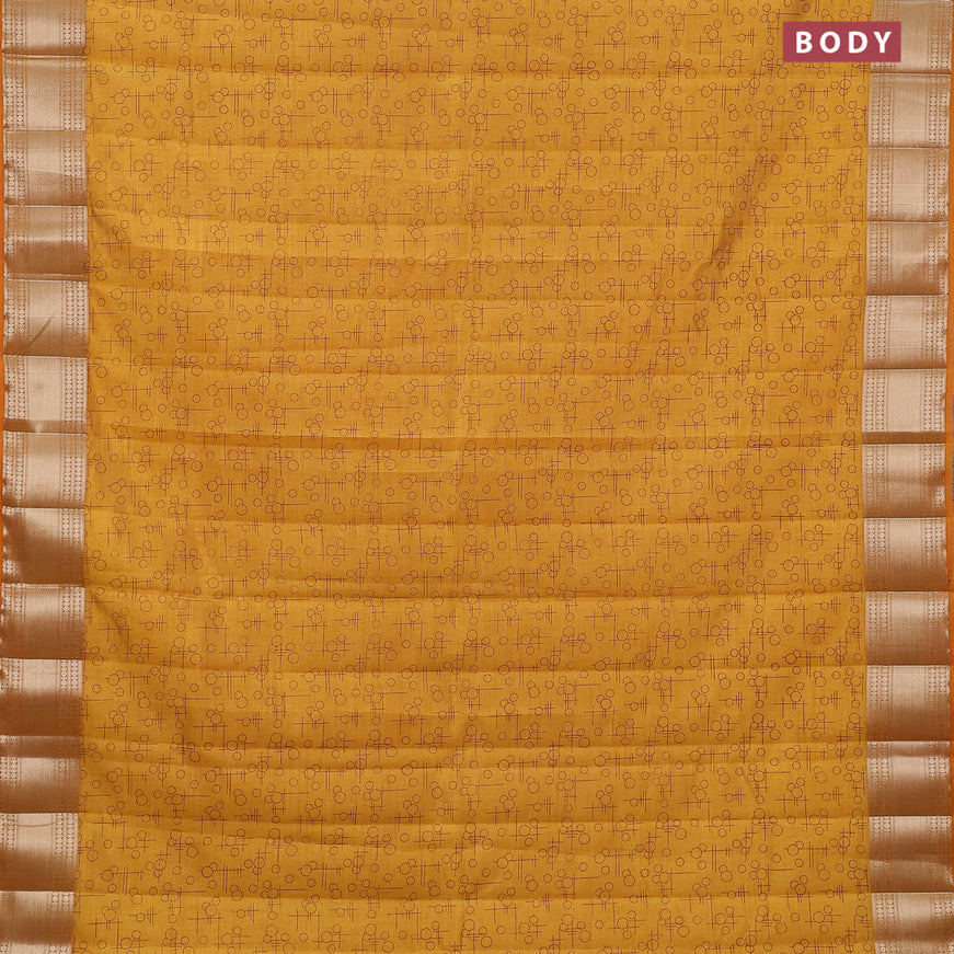 Semi raw silk saree mustard yellow with allover geometric prints and zari woven border