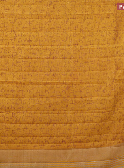 Semi raw silk saree mustard yellow with allover geometric prints and zari woven border