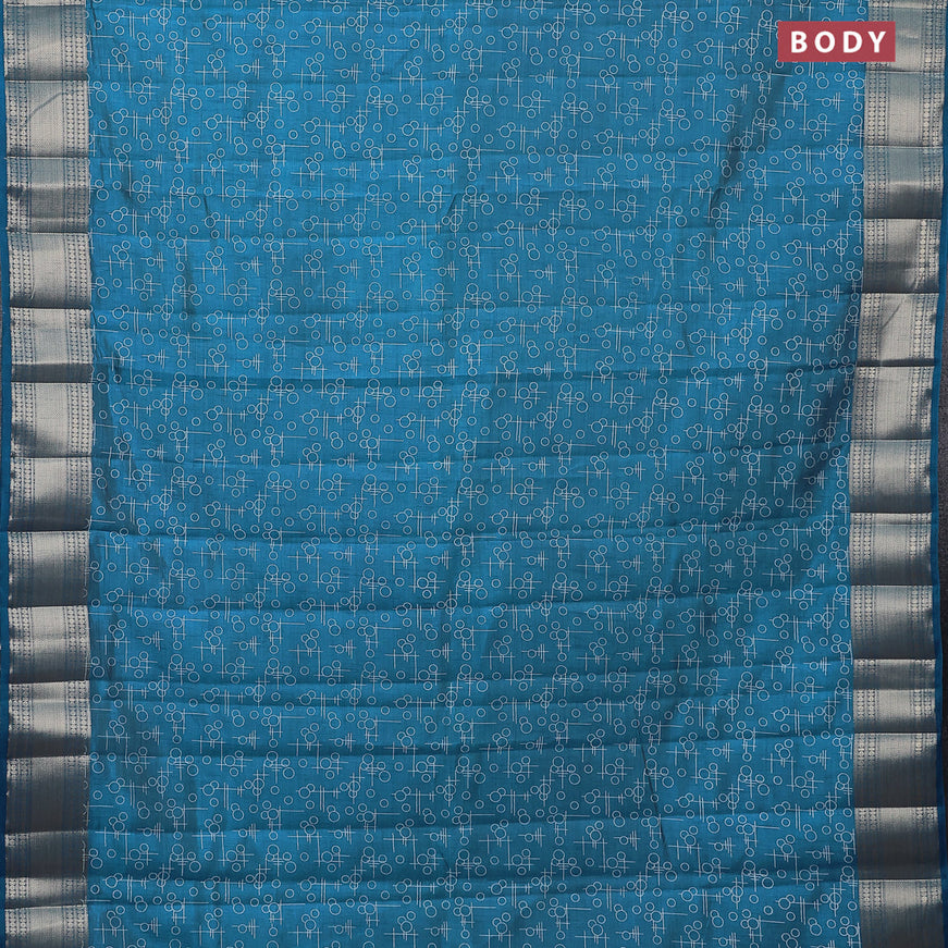 Semi raw silk saree cs blue with allover geometric prints and zari woven border