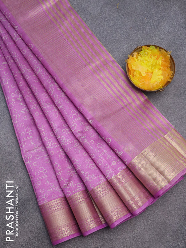 Semi raw silk saree purple with allover geometric prints and zari woven border