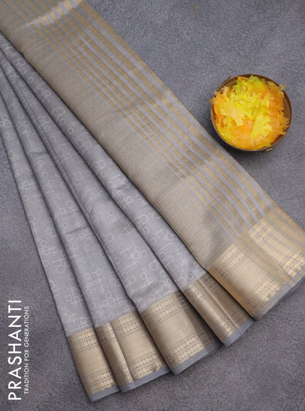 Semi raw silk saree grey with allover geometric prints and zari woven border