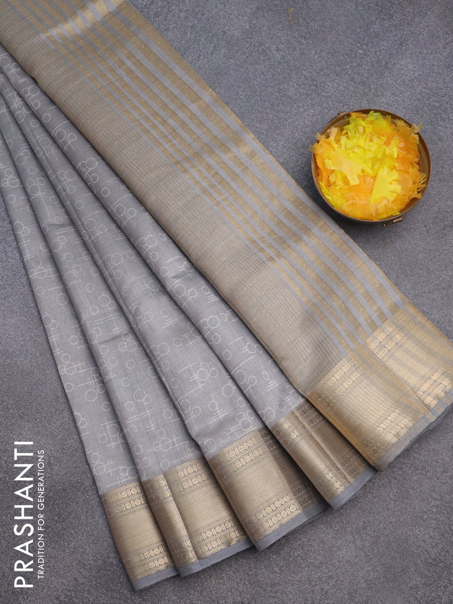 Semi raw silk saree grey with allover geometric prints and zari woven border