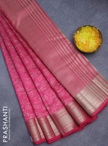 Semi raw silk saree pink with allover geometric prints and zari woven border