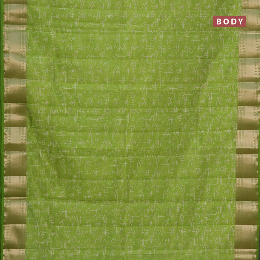 Semi raw silk saree light green with allover geometric prints and zari woven border