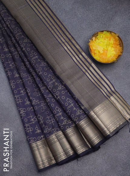 Semi raw silk saree navy blue with allover geometric prints and zari woven border