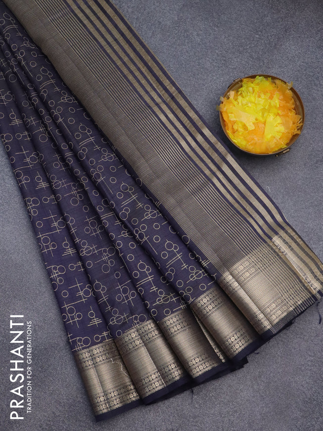 Semi raw silk saree navy blue with allover geometric prints and zari woven border