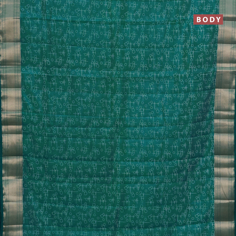 Semi raw silk saree teal blue with allover geometric prints and zari woven border