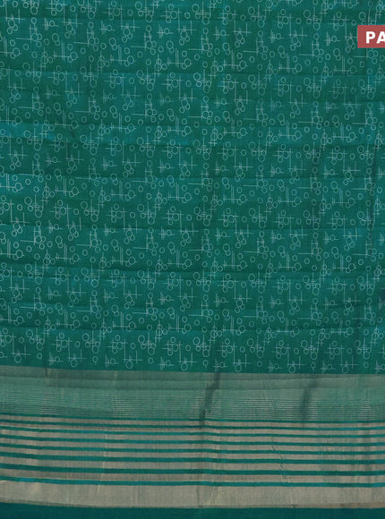 Semi raw silk saree teal blue with allover geometric prints and zari woven border