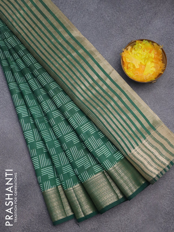 Semi raw silk saree green with allover geometric prints and zari woven border