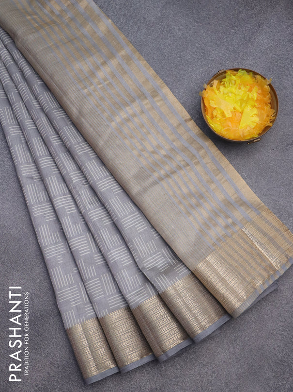 Semi raw silk saree grey with allover geometric prints and zari woven border