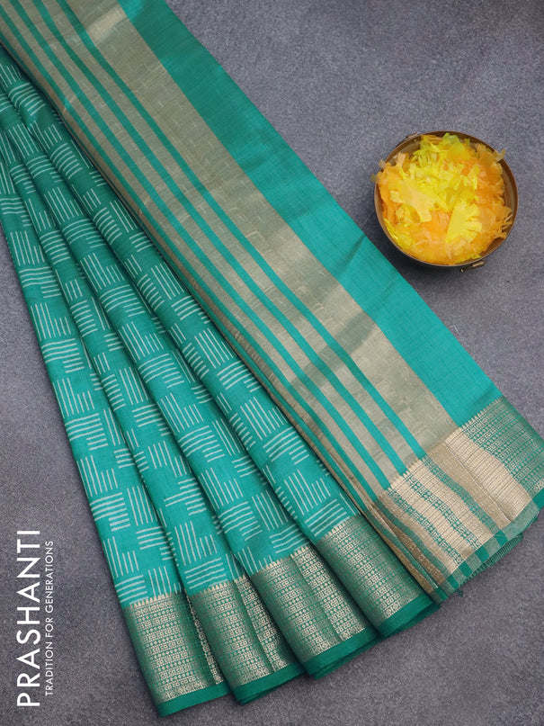 Semi raw silk saree teal blue with allover geometric prints and zari woven border