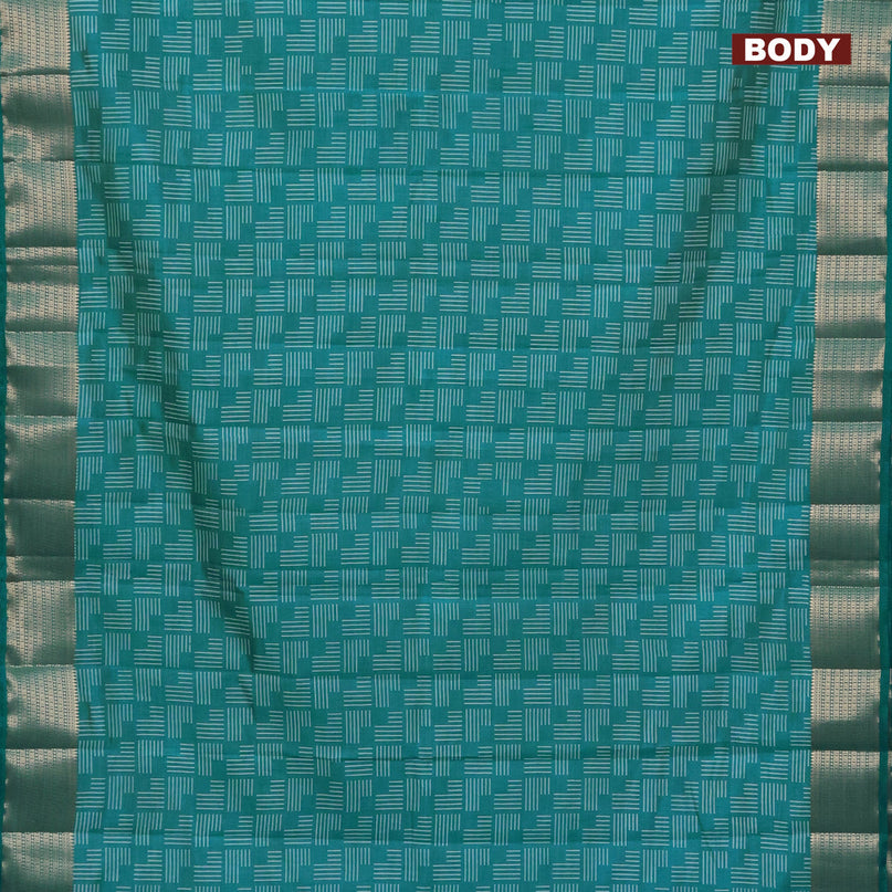 Semi raw silk saree teal blue with allover geometric prints and zari woven border