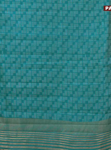 Semi raw silk saree teal blue with allover geometric prints and zari woven border