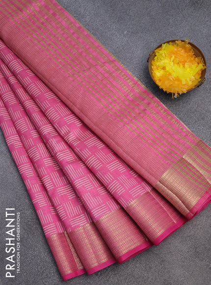 Semi raw silk saree pink with allover geometric prints and zari woven border