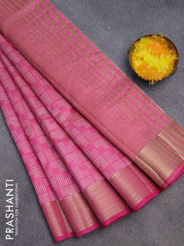 Semi raw silk saree pink with allover geometric prints and zari woven border