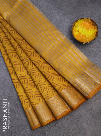 Semi raw silk saree mustard yellow with allover geometric prints and zari woven border