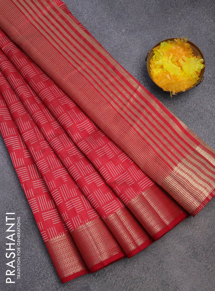 Semi raw silk saree red with allover geometric prints and zari woven border