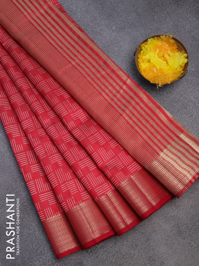 Semi raw silk saree red with allover geometric prints and zari woven border