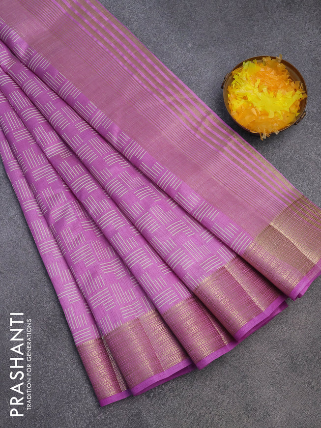 Semi raw silk saree lavender shade with allover geometric prints and zari woven border