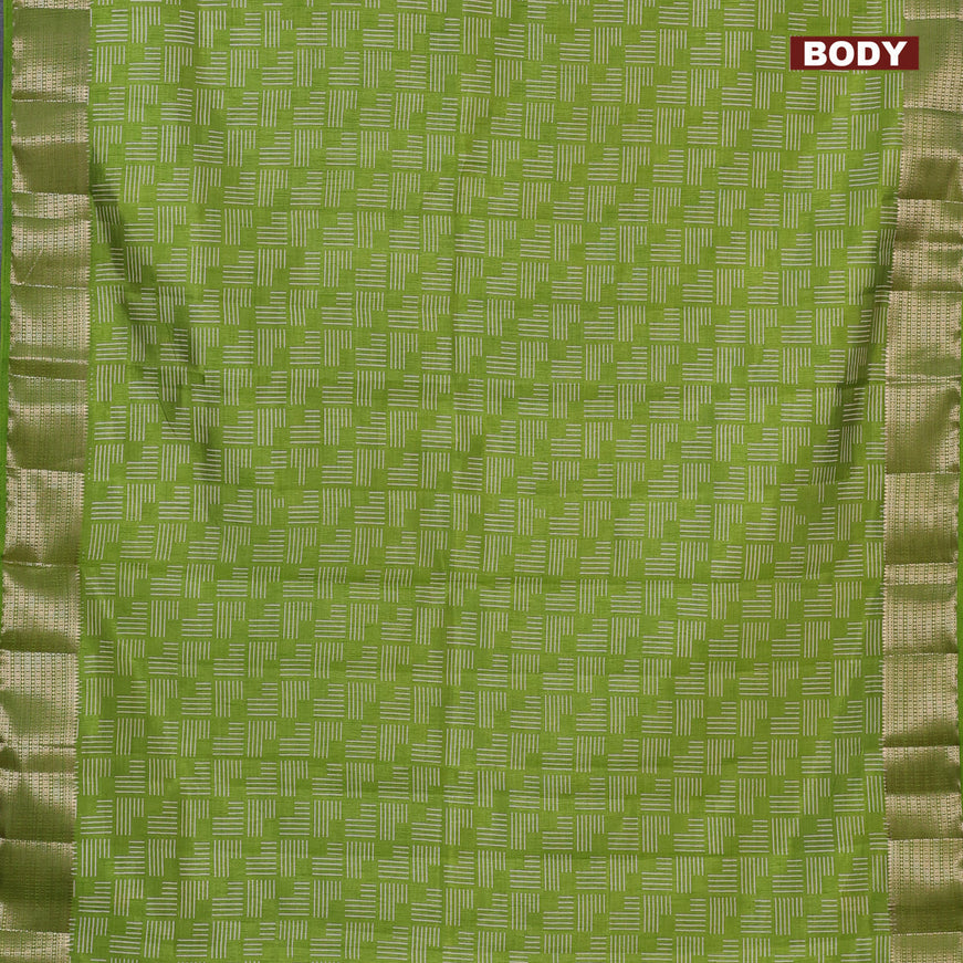 Semi raw silk saree light green with allover geometric prints and zari woven border