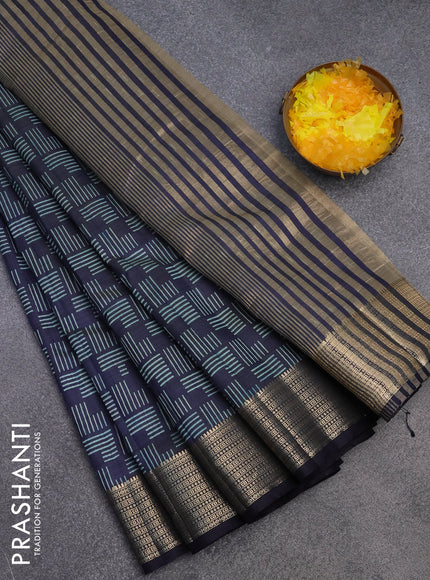 Semi raw silk saree navy blue with allover geometric prints and zari woven border