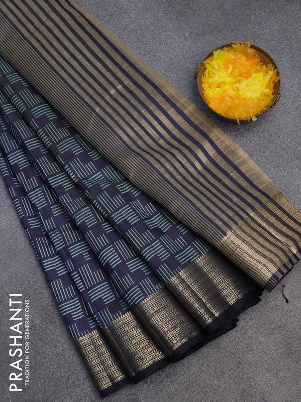 Semi raw silk saree navy blue with allover geometric prints and zari woven border