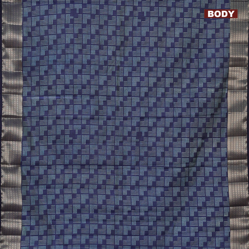 Semi raw silk saree navy blue with allover geometric prints and zari woven border