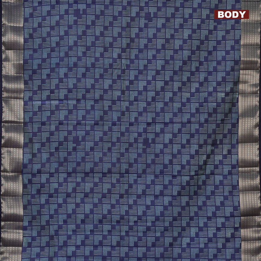 Semi raw silk saree navy blue with allover geometric prints and zari woven border