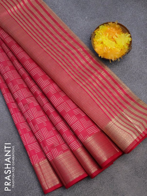 Semi raw silk saree pink with allover geometric prints and zari woven border