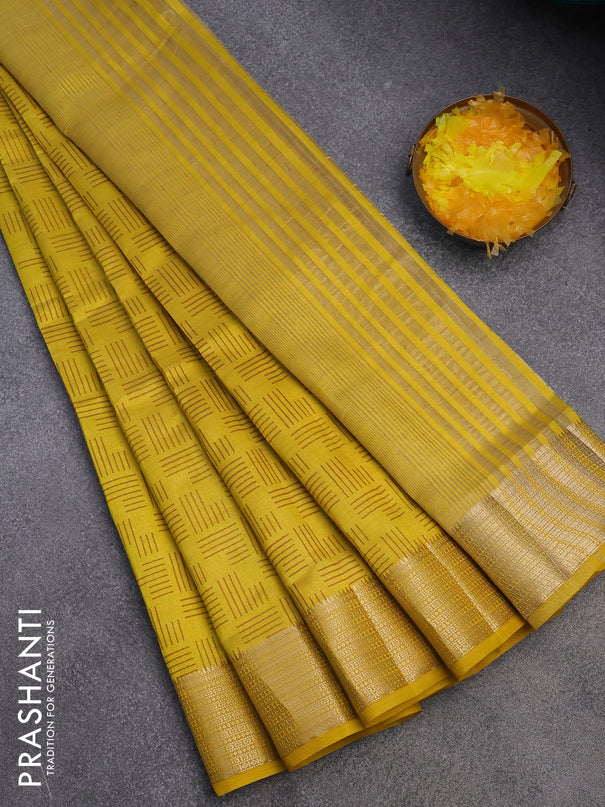 Semi raw silk saree yellow with allover geometric prints and zari woven border