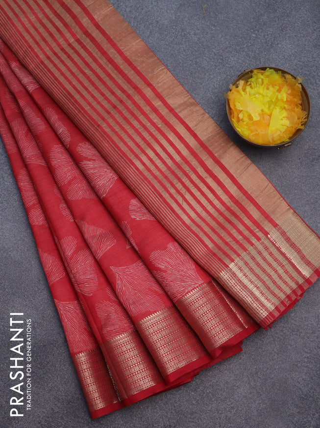 Semi raw silk saree red with butta prints and zari woven border