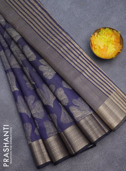 Semi raw silk saree dark blue with butta prints and zari woven border