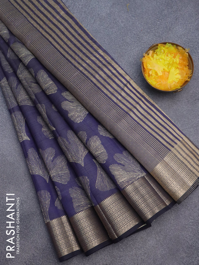 Semi raw silk saree dark blue with butta prints and zari woven border