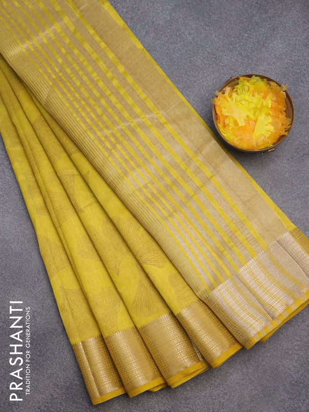 Semi raw silk saree yellow with butta prints and zari woven border