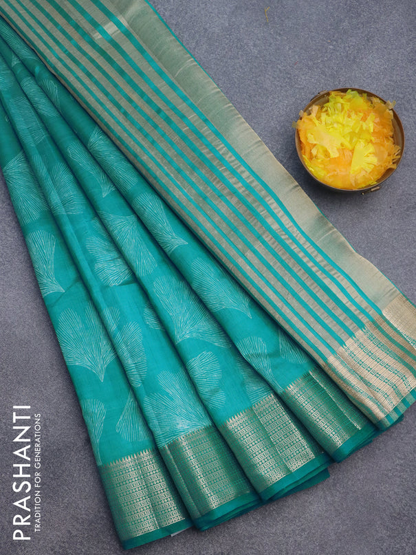 Semi raw silk saree teal blue with butta prints and zari woven border