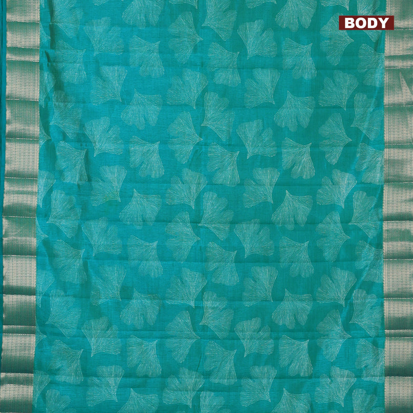 Semi raw silk saree teal blue with butta prints and zari woven border