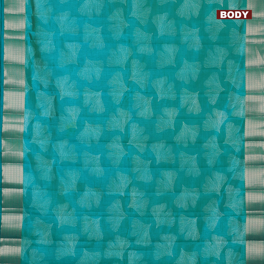 Semi raw silk saree teal blue with butta prints and zari woven border