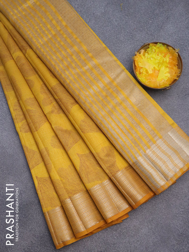 Semi raw silk saree mustard yellow with butta prints and zari woven border