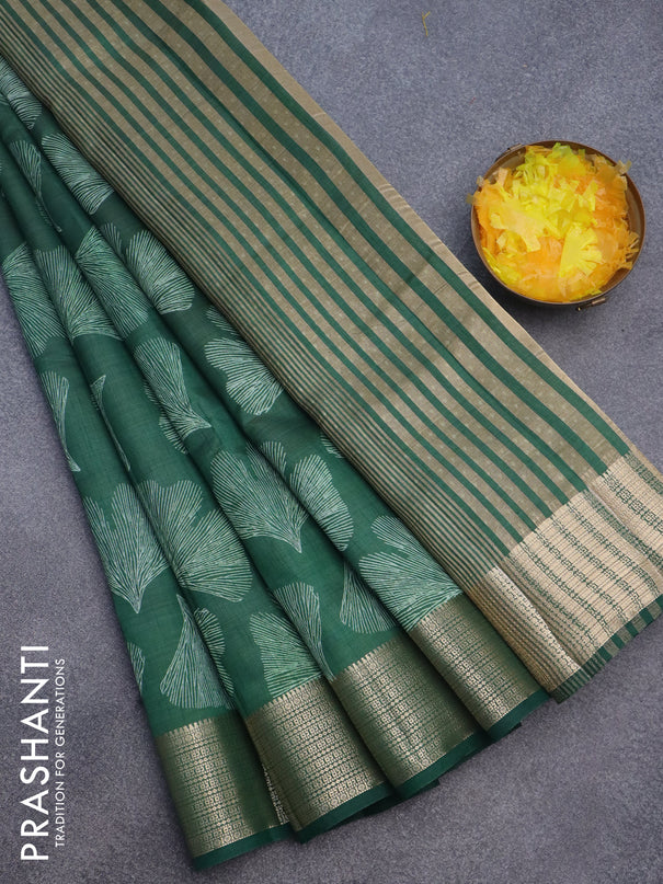 Semi raw silk saree green with butta prints and zari woven border