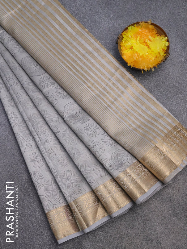 Semi raw silk saree grey with allover prints and zari woven border